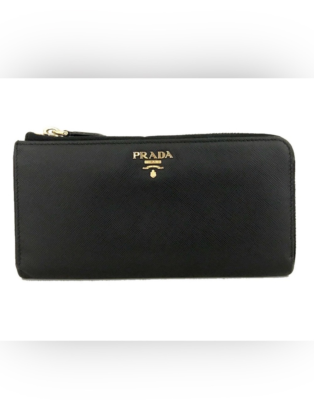 Prada Black Saffiano Zip Pouch with Gold Logo Plate